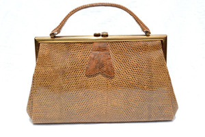 Large 1940's-50's Caramel Deco-Style Lizard Skin Handbag 