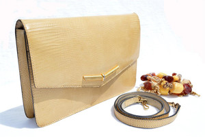  FRENCH 1960's-70's YELLOW Lizard Clutch Shoulder Bag - STONE Strap 