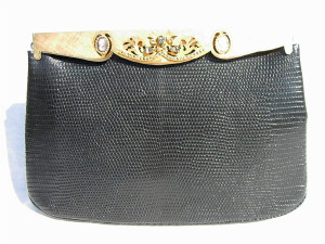  BLACK 1950's-60's ROSENFELD Lizard Skin Handbag w/CAMEOS & JEWELS 