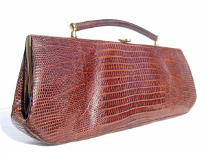  CHOCOLATE 1950's-60's Lizard Skin Bag w/Structured Handle - LESCO 
