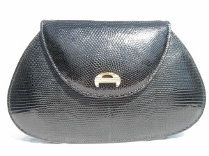  Timeless 1960's-70's JET BLACK Lizard Skin Clutch Shoulder Bag 