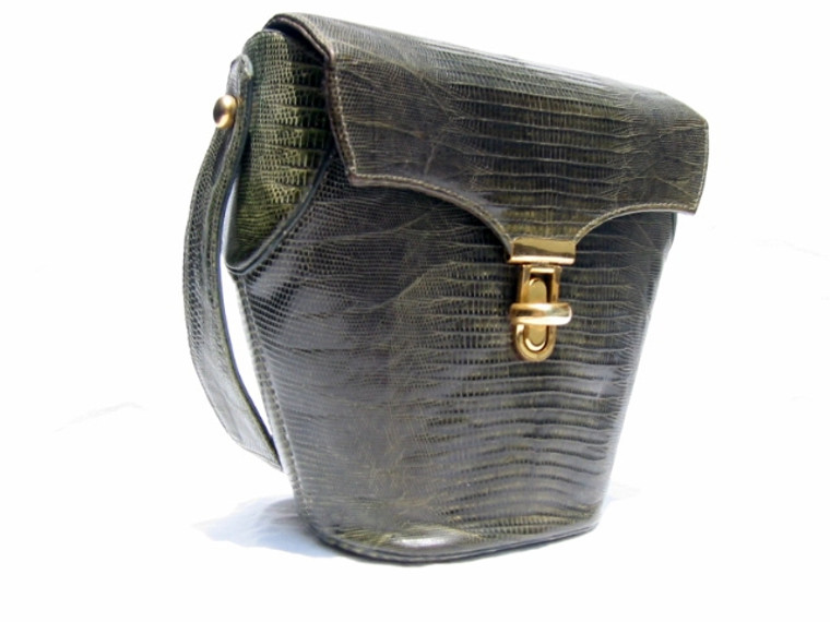 OLIVE GREEN 1950's Lizard Skin Bucket Style Handbag