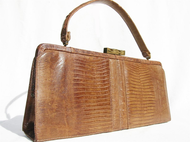  Sleek TAN 1950's-60's Lizard Skin Handbag - PALIZZIO 
