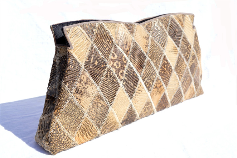 Lovely 1960's-70's  PATCHWORK Monitor RING Lizard CLUTCH Bag - Lucite!