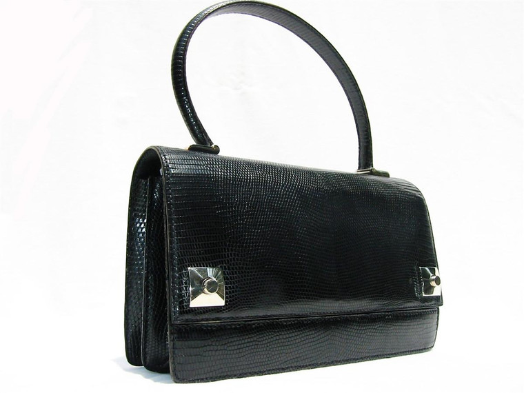  LEDERER 1950's-60's BLACK Lizard Skin Handbag w/ Silver Hardware! 