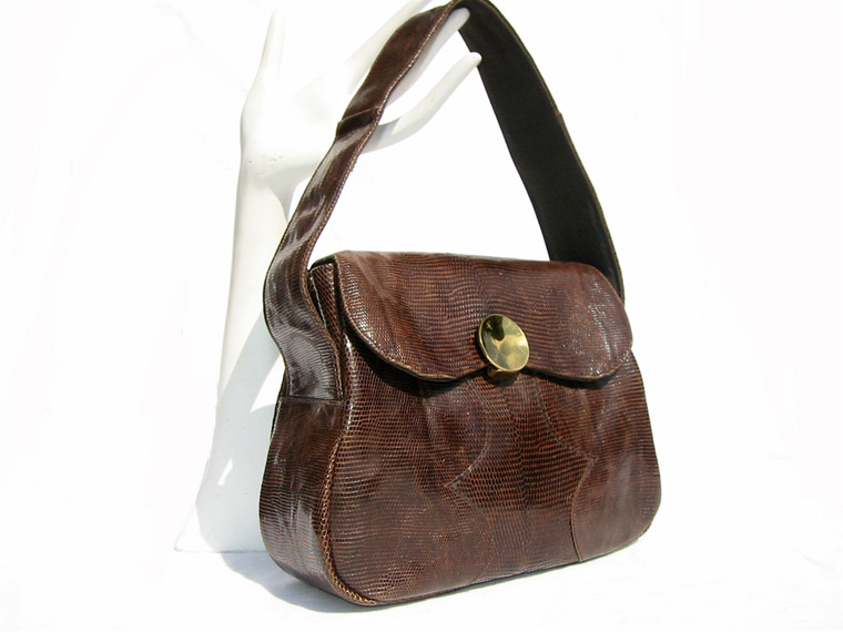 1940's-50's DECO Style Cocoa Brown LIZARD Skin SHOULDER Bag