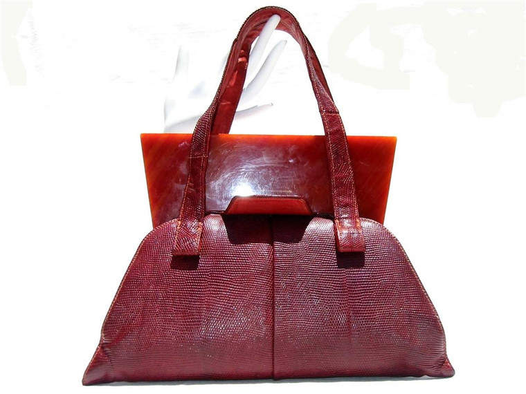  1940's-50's RUBY RED Deco Style Lizard Skin & LUCITE Handbag 