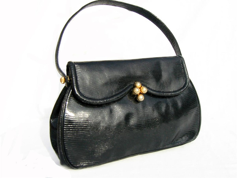  BLACK 1960's SACHA Lizard Skin Handbag - FRANCE 