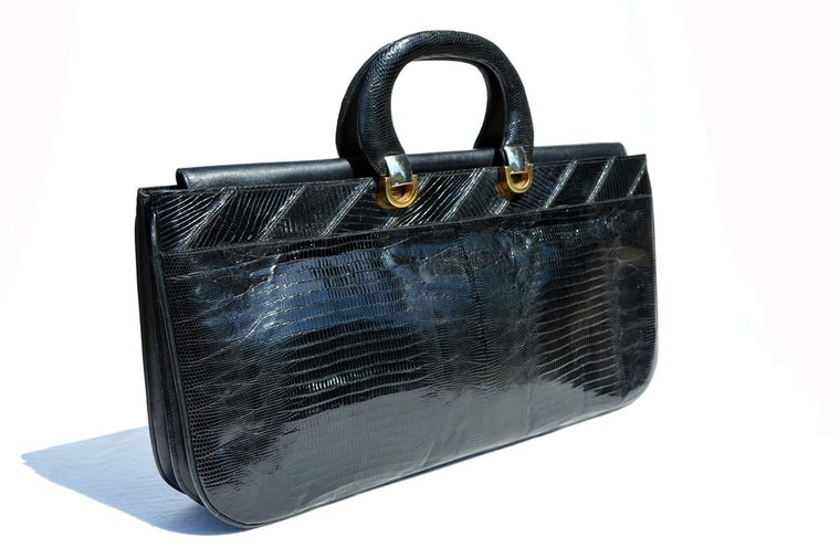  XL 17" Long SAKS FIFTH AVENUE Jet Black 1970's-80's Lizard Skin Handbag BRIEF - Italy 
