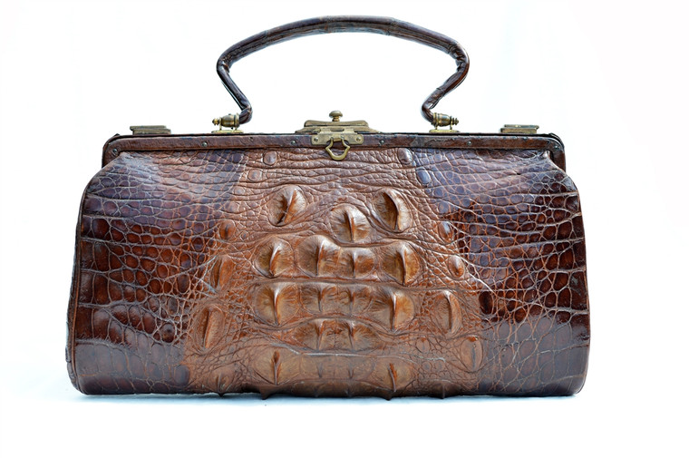 Large 14" 1908 Brown Edwardian HORNBACK ALLIGATOR Skin Handbag
