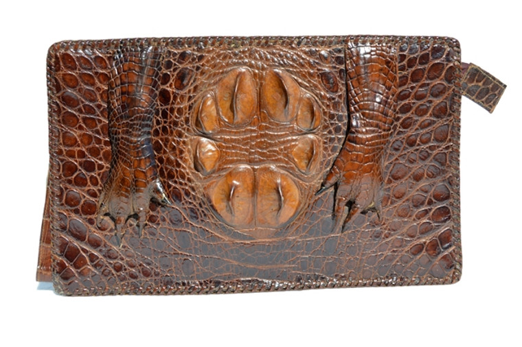 Large Cognac Brown 1930's-40's Hornback Alligator Skin Clutch Bag