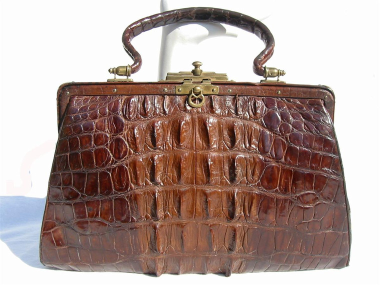 Fantastic Antique Late 1800's Brown Victorian ALLIGATOR Tail Skin Handbag   Fantastic Antique Late 1800's Brown Victorian ALLIGATOR Tail Skin Handbag