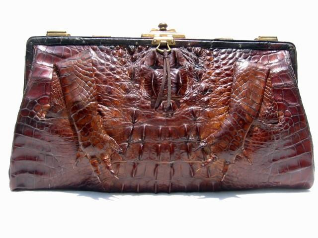  HUGE Early 1900's Brown Victorian Alligator Clutch Bag w/Paws 