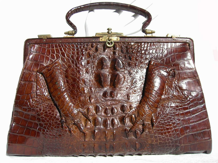  HUGE Early 1900's Chocolate Brown Edwardian Alligator Handbag w/Paws 