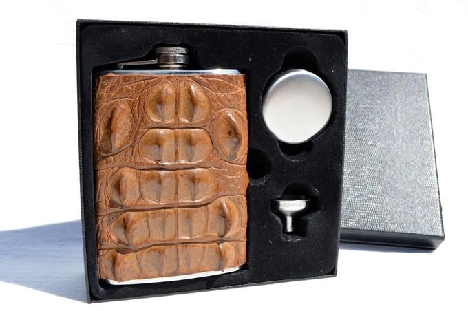  Custom 2-Tone Brown HORNBACK Alligator Skin 8 Oz. Stainless Hip FLASK Set - NEW! 