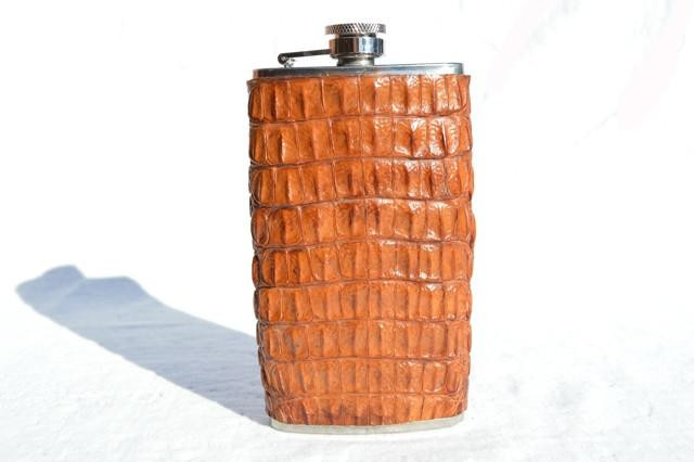  Tall Custom Light COGNAC Brown HORNBACK Alligator Skin 6 Oz. Stainless Hip FLASK - NEW! 
