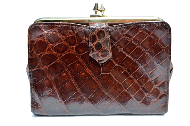 Large 1950's Dark Chocolate Alligator Skin Wallet & Change Purse - St. Thomas