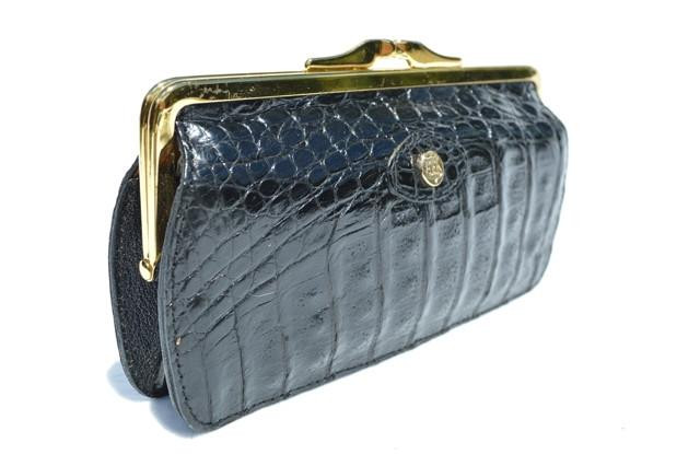  Large 1980's-90's Jet Black Caiman Crocodile Change Purse Wallet 