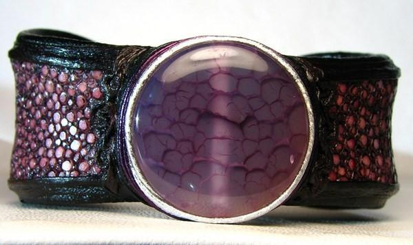  New! *Purple* Crab AGATE & Genuine Stingray Skin Leather CUFF 
