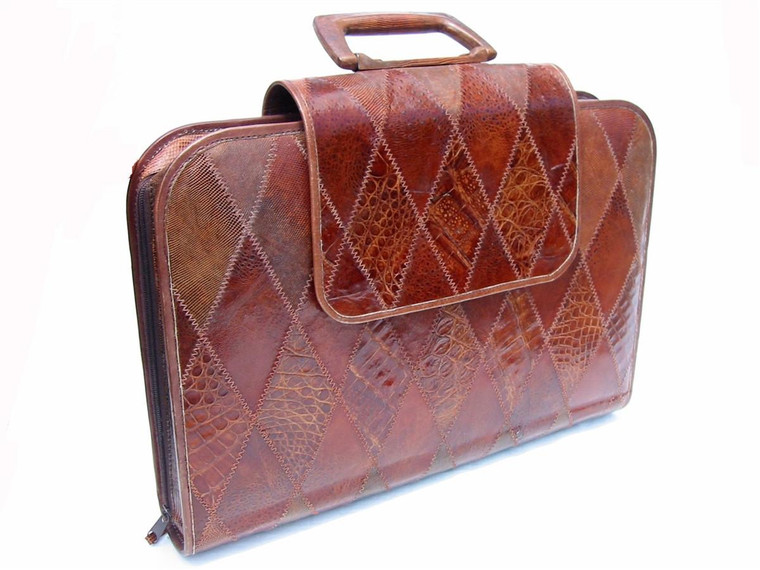  1960's Honey Brown Patchwork Alligator Lizard Frog Skin Briefcase 