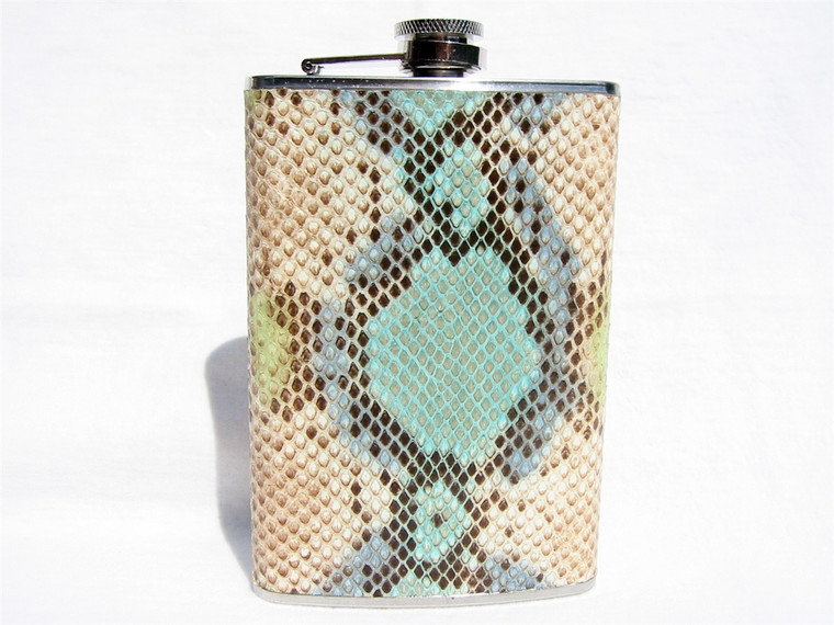 Custom Teal & Tan PYTHON Skin 8 Oz. Stainless Hip FLASK - NEW!