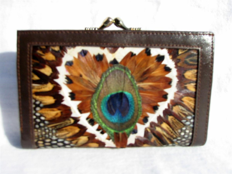 Large 1960's-1970's PEACOCK & Pheasant Feather Wallet   Large 1960's-1970's PEACOCK & Pheasant Feather Wallet