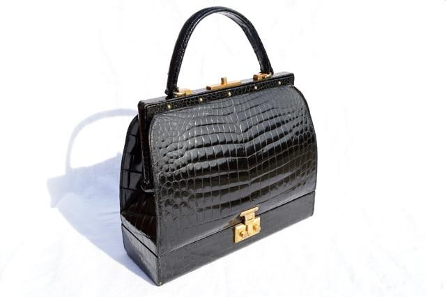  Rare KORET 1950'-60's BLACK Alligator Belly Skin SAC MALLETTE Handbag 