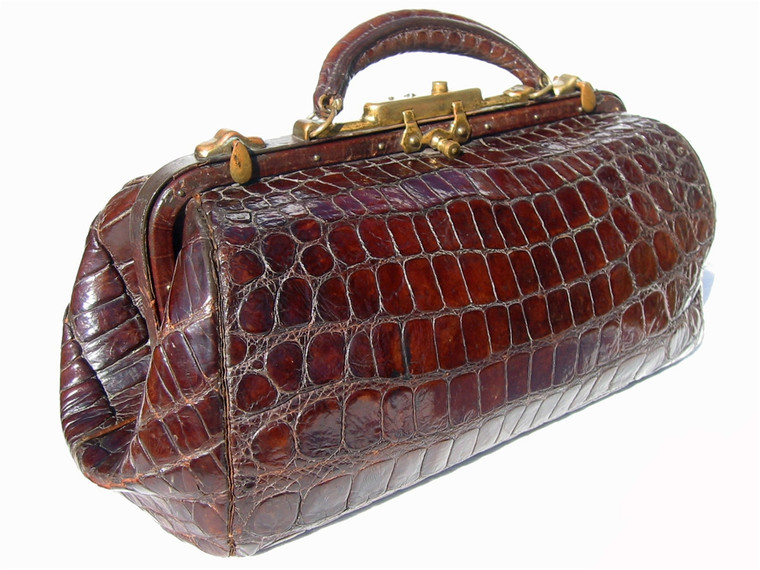 Antique Early 1900's Edwardian ALLIGATOR Belly Skin Doctor Bag