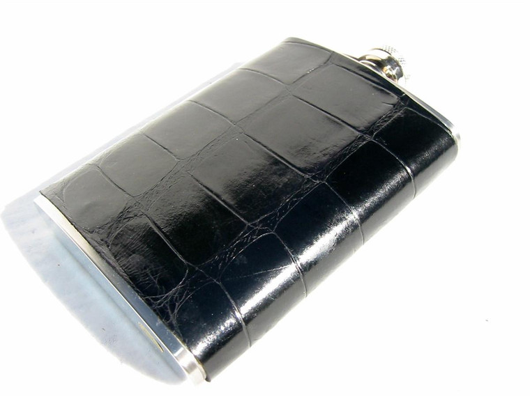  NEW! 2006 JET BLACK 8 Oz Alligator Belly Skin Whiskey Hip FLASK Set 