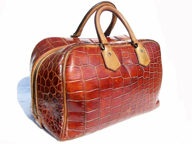  1940's-50's COGNAC & Tan Crocodile Skin Carry-On Luggage Bag 
