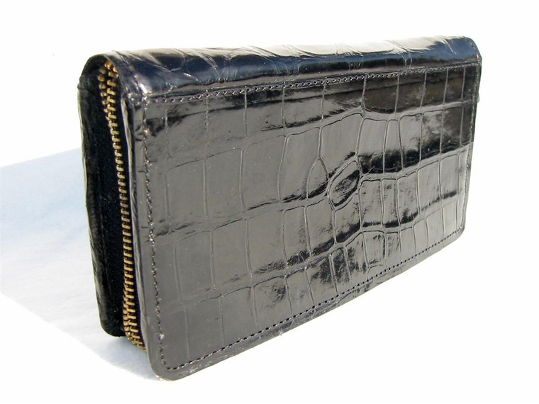  Jet Black CROCODILE Belly Skin Zippered WALLET Clutch 