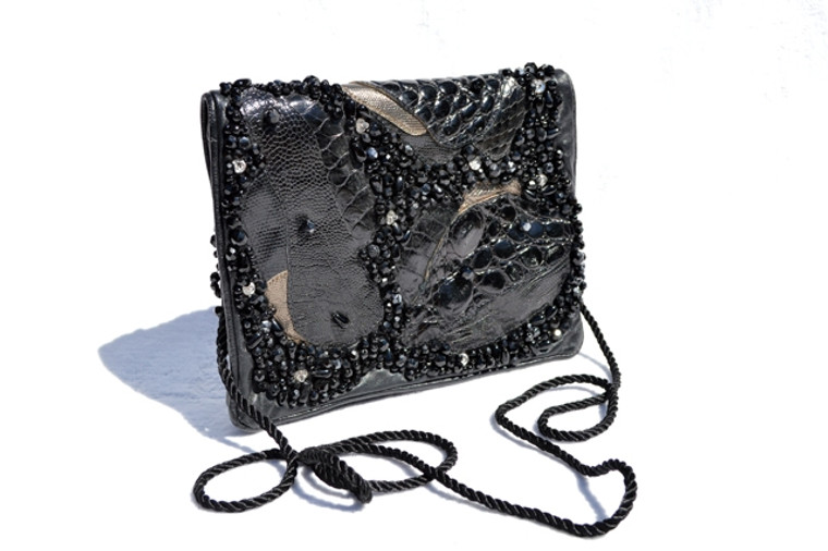 1980's-90's GRACE ANN AGOSTINO Metallic BLACK Beaded ALLIGATOR & OSTRICH Skin Clutch Shoulder Cross Body Evening Bag