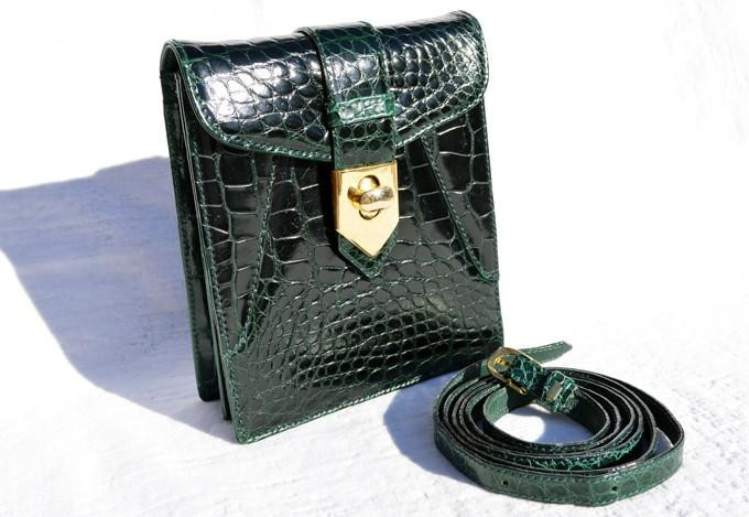  HELENE 1980's Hunter Green CROCODILE Belly Skin Crossbody Messenger Bag 