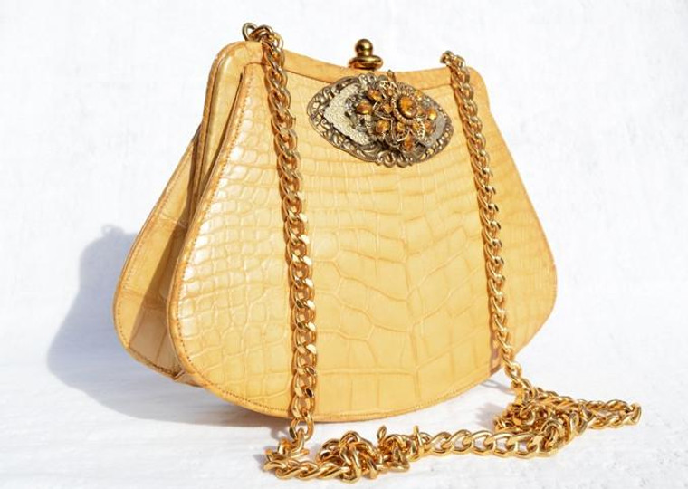  Jeweled 1960's Irridescent YELLOW ALLIGATOR Belly Skin Shoulder Bag - DUETTE 