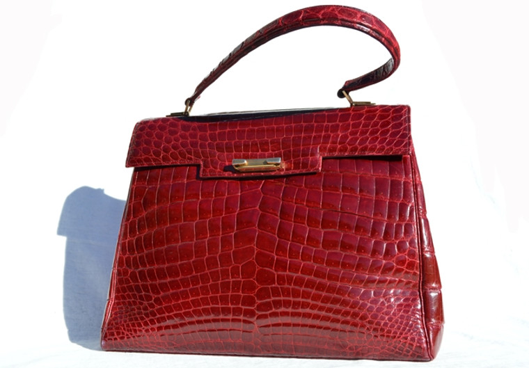 XL 1960's Burgundy RED Crocodile POROSUS Belly Skin Handbag - RAYNE