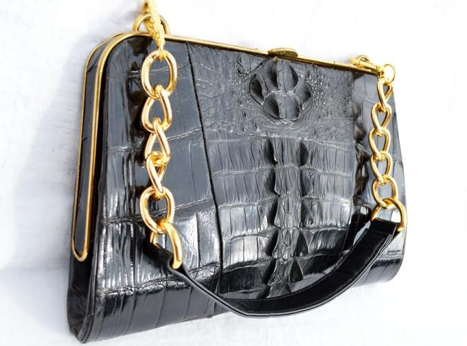  Stunning BLACK 1940's HORNBACK Crocodile Skin CLUTCH Shoulder Bag 