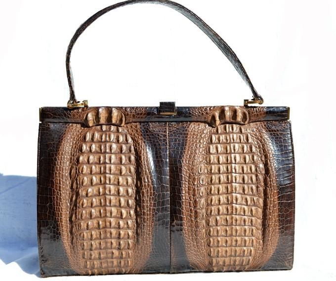 XXL Chocolate 1980's Double HORNBACK Crocodile Skin Shoulder