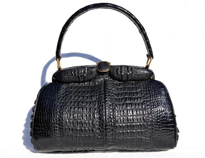 Fabulous Deco Style JET BLACK 1950's-60's  Double Hornback CROCODILE Handbag 