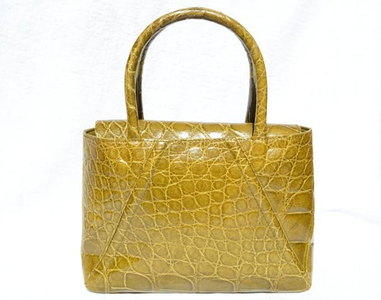  OLIVE GREEN Early 2000's ALLIGATOR Belly Skin Handbag Tote - Elizabeth 