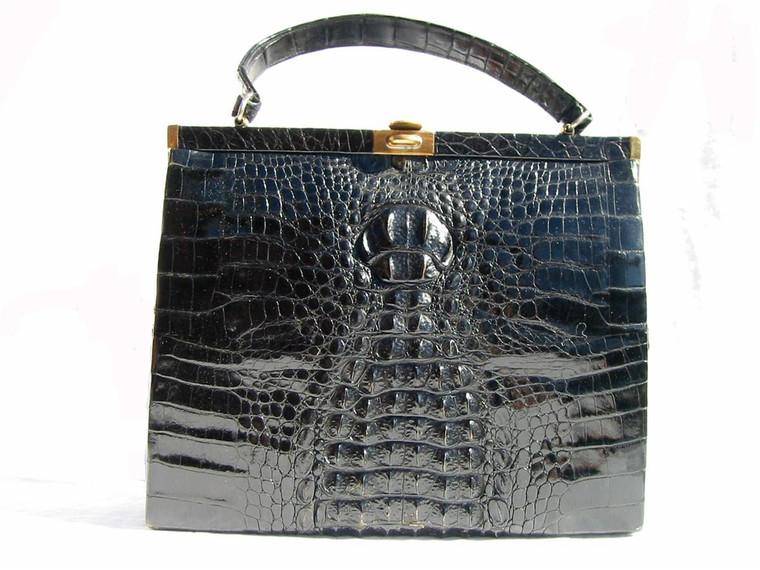  Ample JET BLACK 1950's-60's Hornback CROCODILE Handbag 