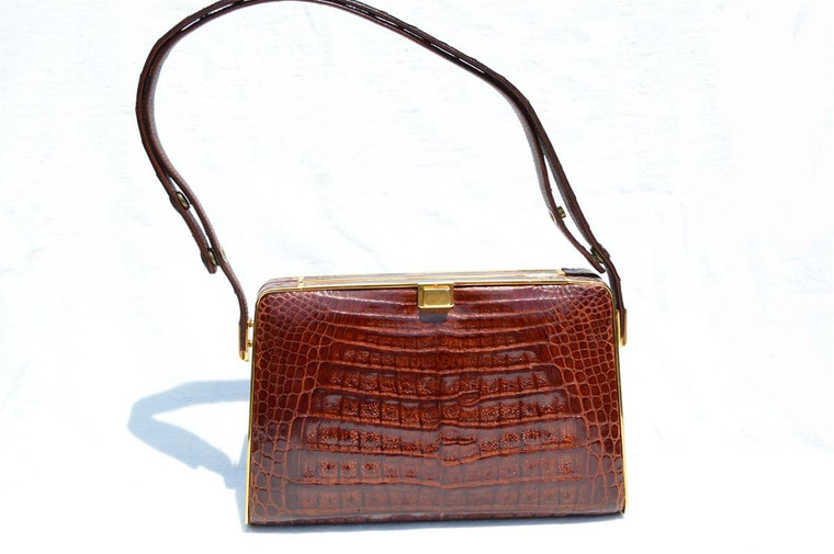  Rich COGNAC 1990's CROCODILE Belly Skin SHOULDER Bag - GARCES Spain 