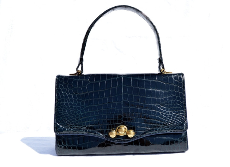 Rare Vintage JANE BRAK 1950's-60's NAVY BLUE CROCODILE POROSUS Handbag - HERMES Quality - Paris