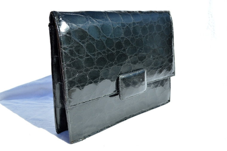 Timeless Jet Black 1940's-50's CROCODILE Skin CLUTCH - Brazil?