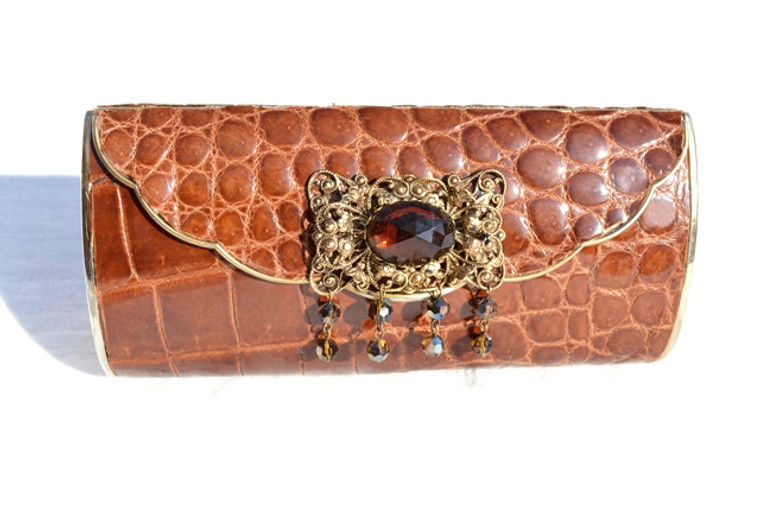 Custom JEWELED 1950's-60's Cognac CROCODILE Skin Clutch Purse