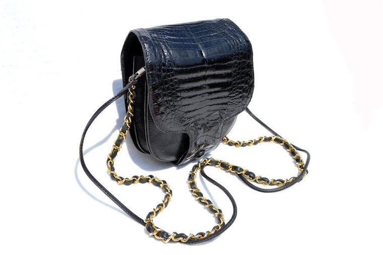  Jet Black 1980's-90's LA BAGAGERIE Crocodile Porosus Belly Skin CROSS Body Shoulder Bag - FRANCE 