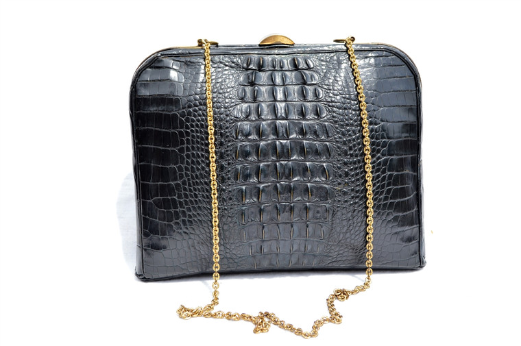 Lovely Jet Black 1940's HORNBACK ALLIGATOR Skin CLUTCH Shoulder Crossbody Bag