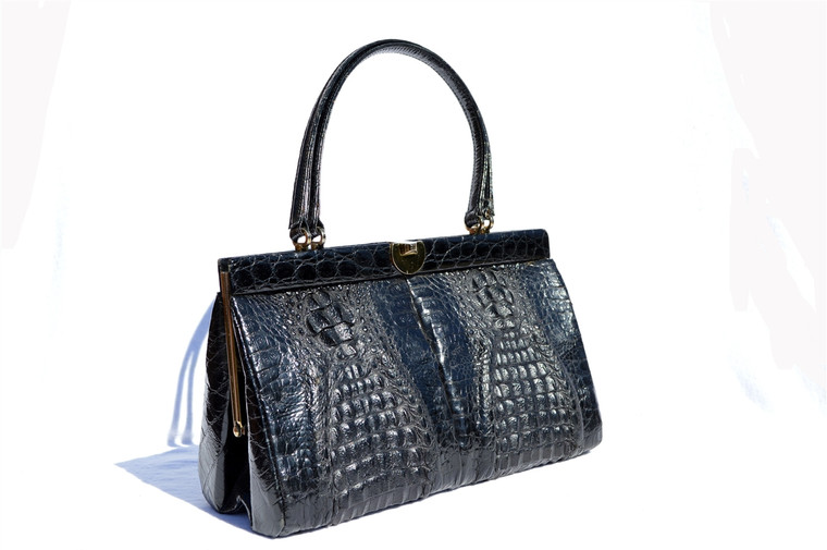 Fabulous JET BLACK 1950's-60's HORNBACK Crocodile Handbag G1-288