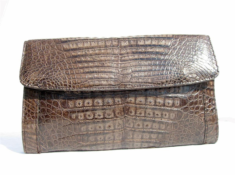  Dark TAUPE Late 1980's CROCODILE Skin CLUTCH Shoulder Bag 