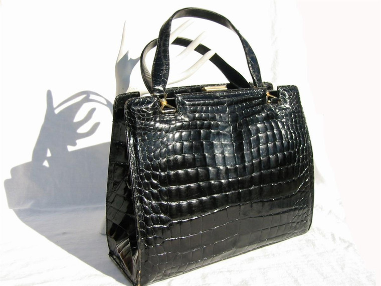  FINESSE 1950's-60's Jet Black ALLIGATOR Belly Skin Handbag 