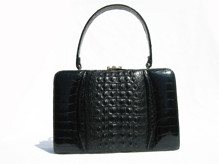  Fabulous JET BLACK 1950's-60's Hornback CROCODILE Handbag 